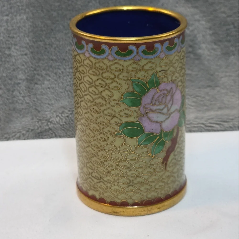 Vintage Cloisonne Enamel And Brass Rose 3